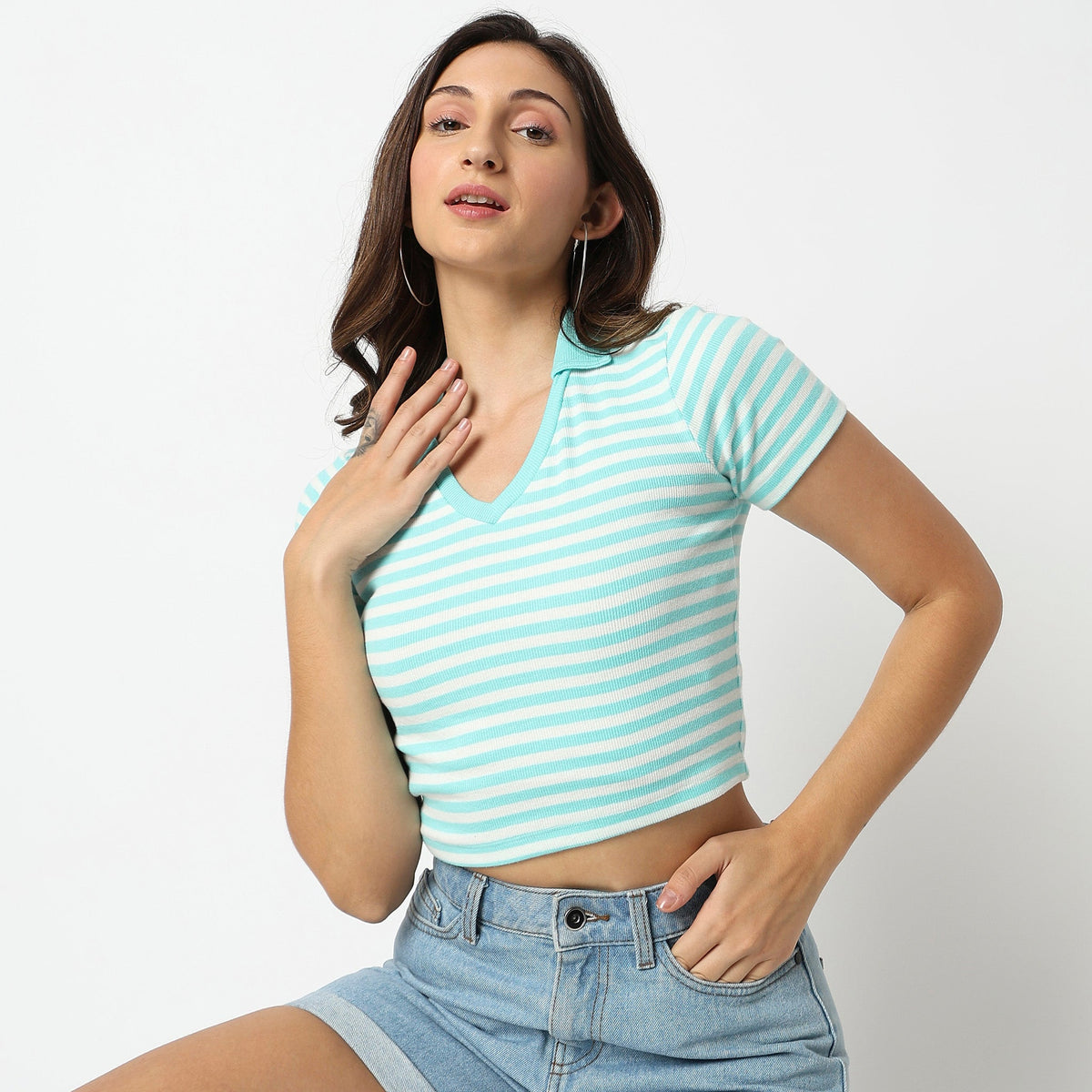 Women Wearing Regular Fit Striped T-Shirt