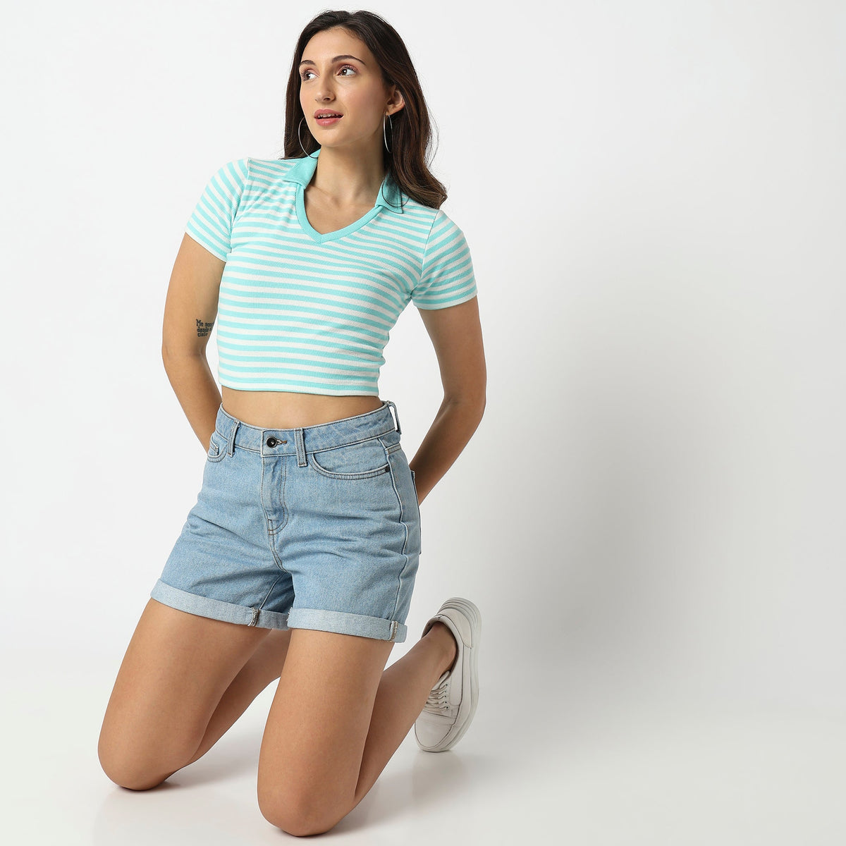 Women Wearing Regular Fit Striped T-Shirt