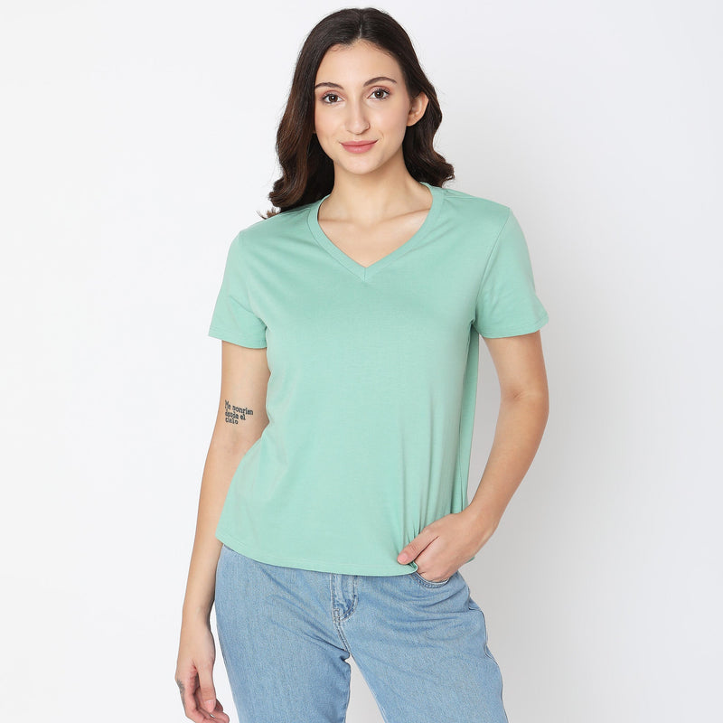 Women Wearing Regular Fit Solid T-Shirt