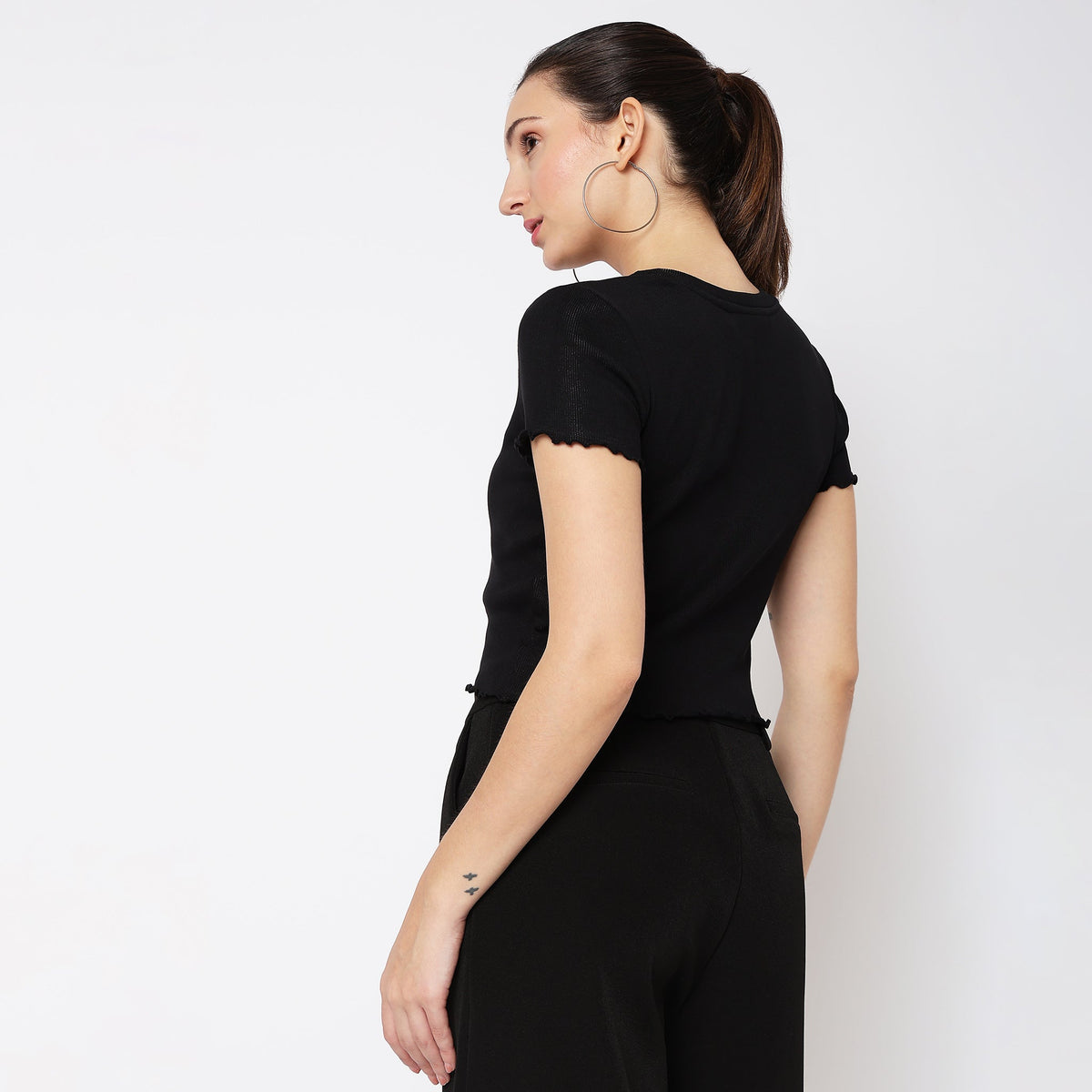 Women Wearing Slim Fit Solid T-Shirt