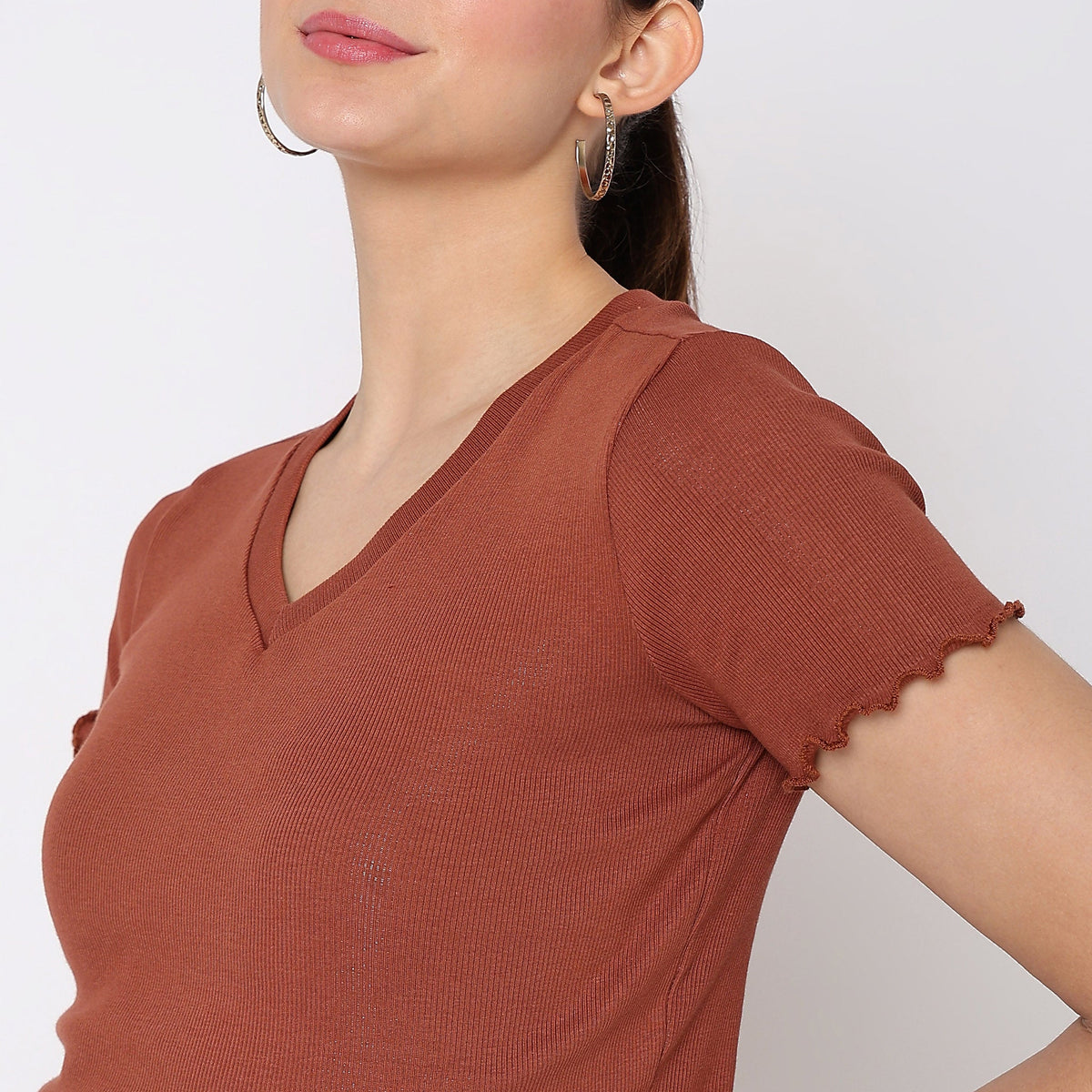 Women Wearing Slim Fit Solid T-Shirt