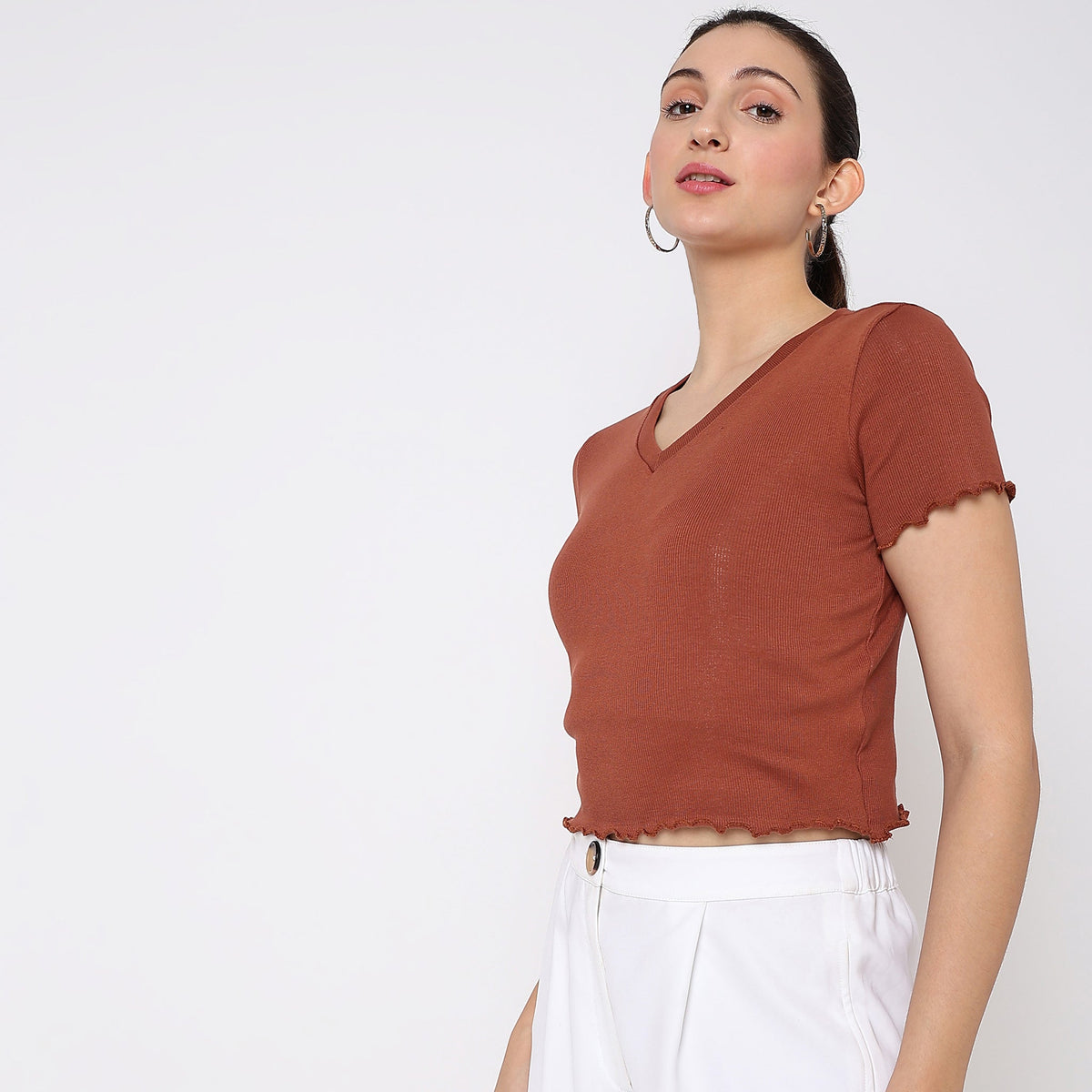 Women Wearing Slim Fit Solid T-Shirt