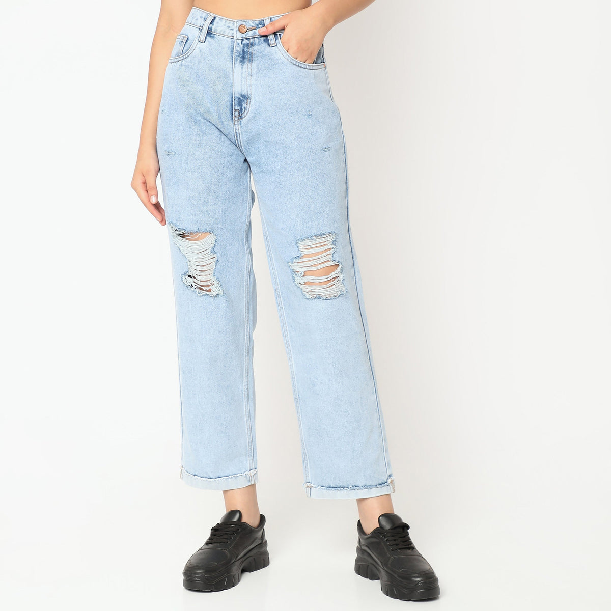 Women Wearing Straight Fit Distressed High Rise Jean