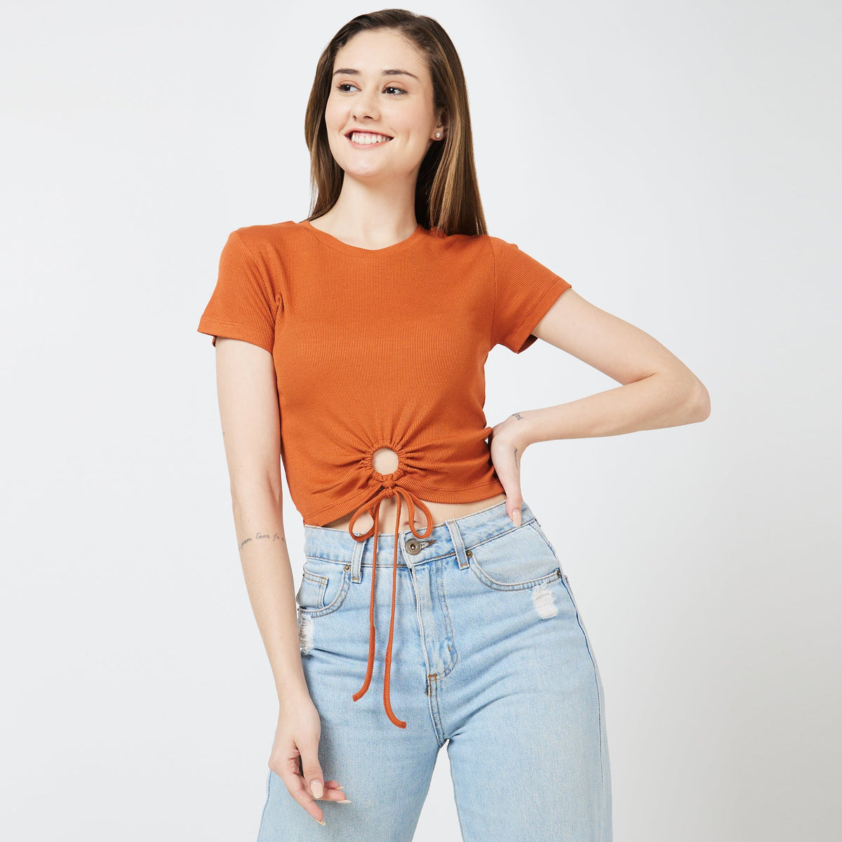 Women Wearing Slim Fit Solid T-Shirt