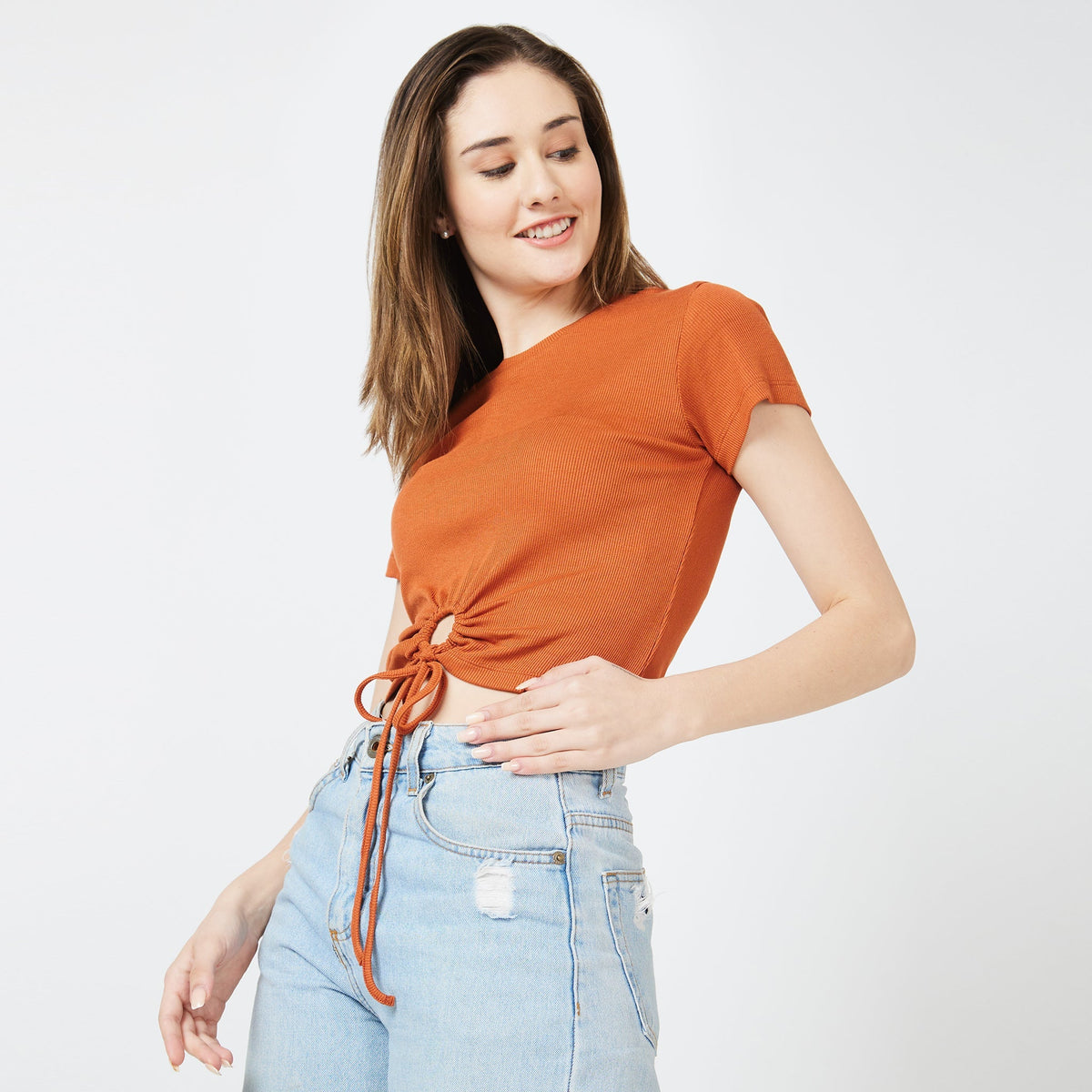 Women Wearing Slim Fit Solid T-Shirt