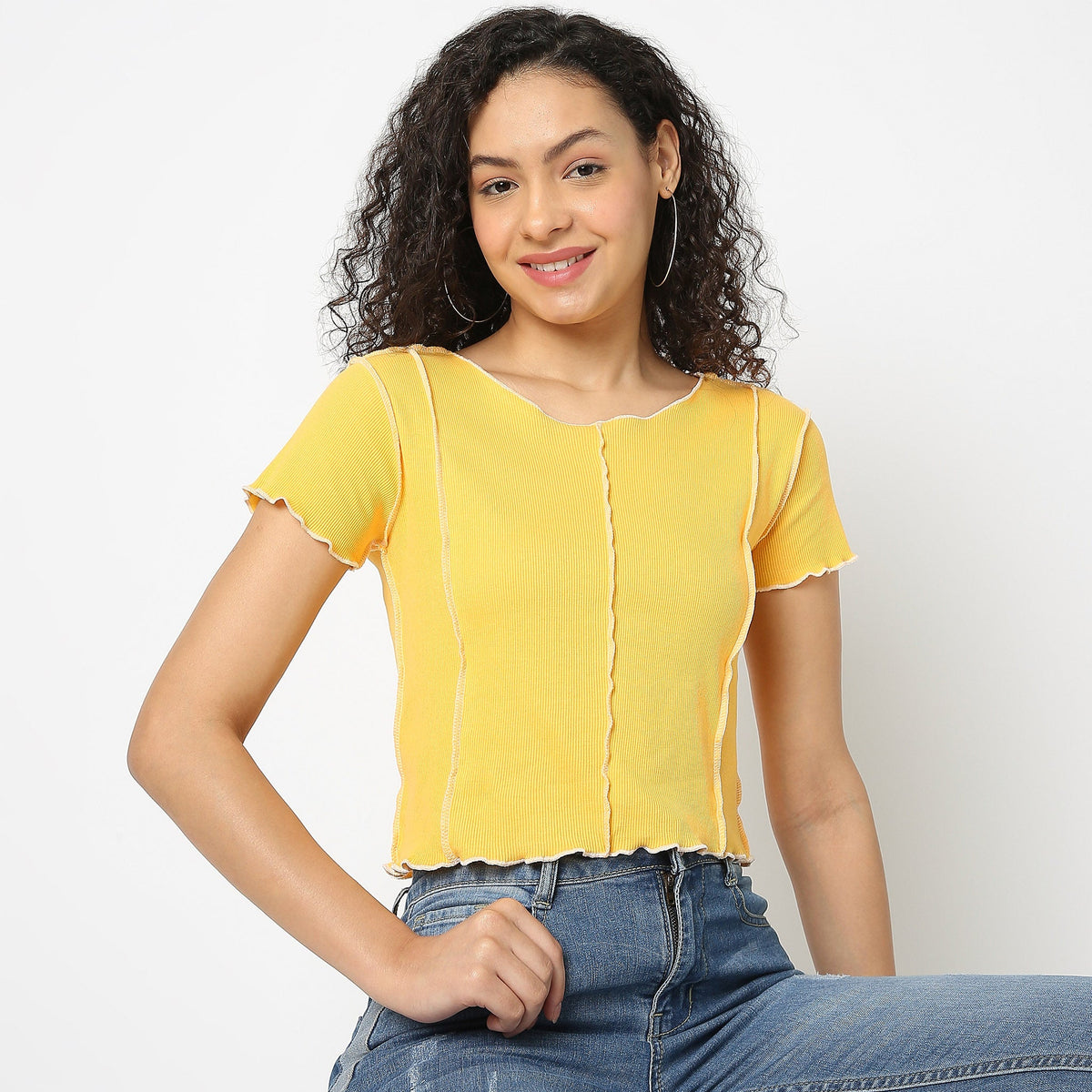 Women Wearing Slim Fit Solid T-Shirt