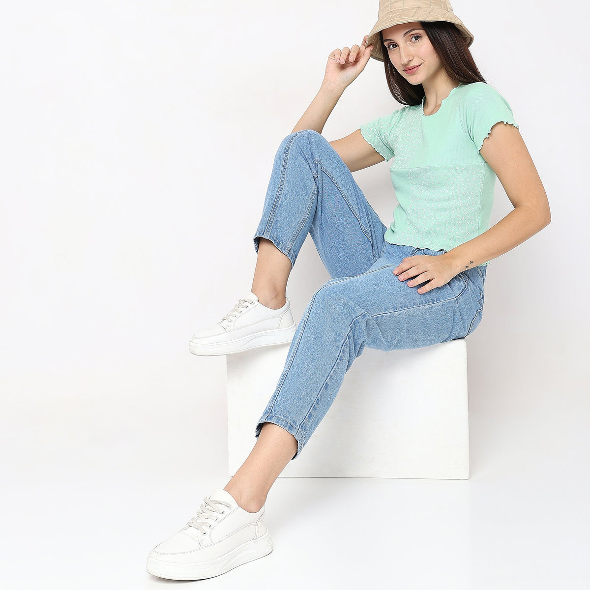 Women Wearing Regular Fit Solid T-Shirt