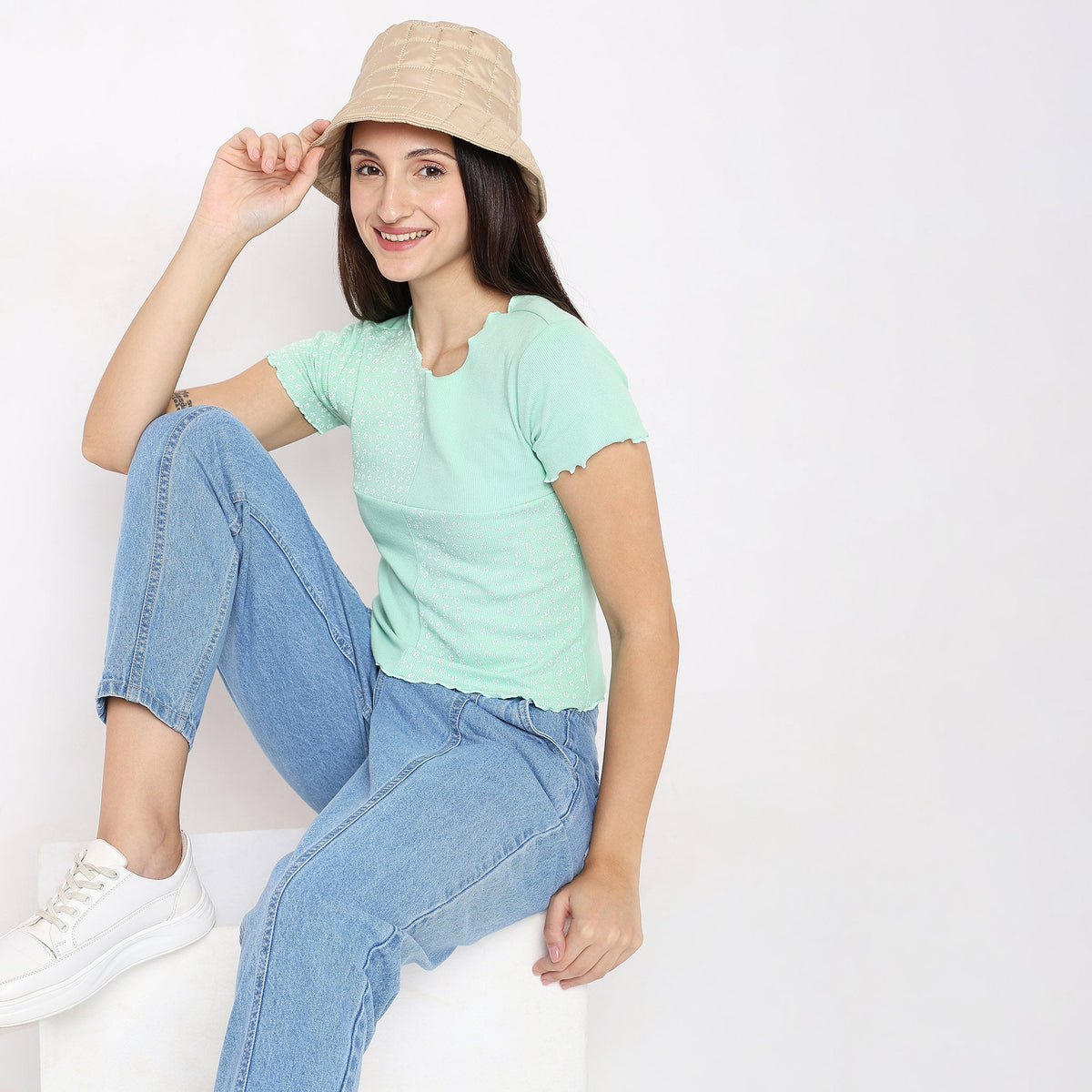 Women Wearing Regular Fit Solid T-Shirt