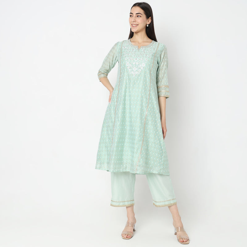 Flare Fit Embroidered Kurta Set