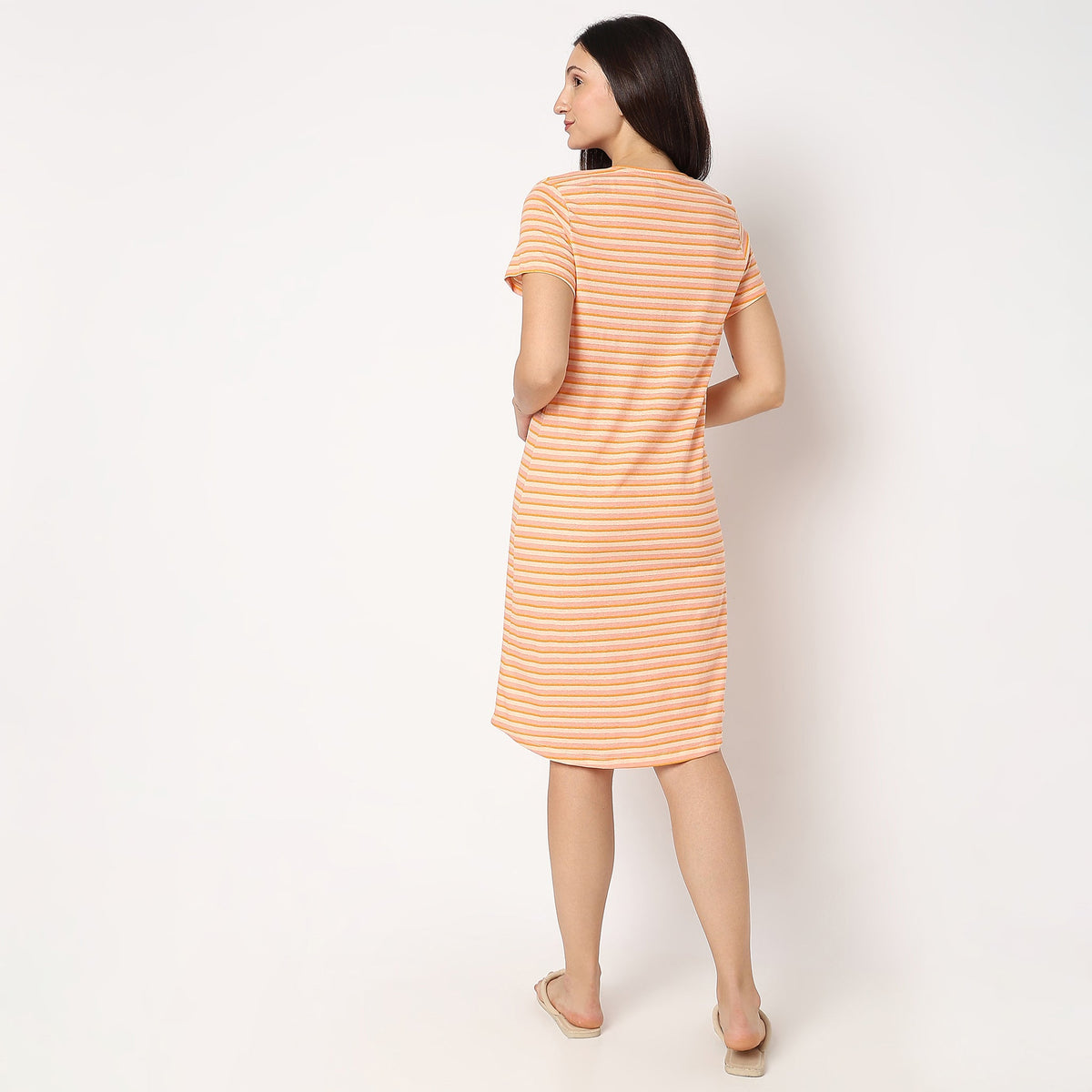 Women Wearing Regular Fit Striped Short Gown