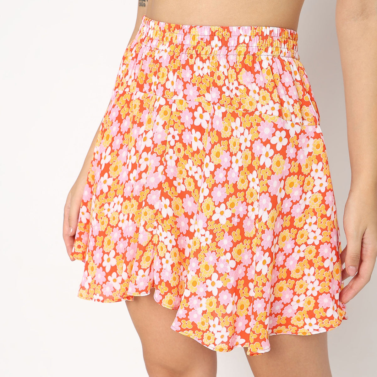 Women Wearing Flare Fit Floral Skirt