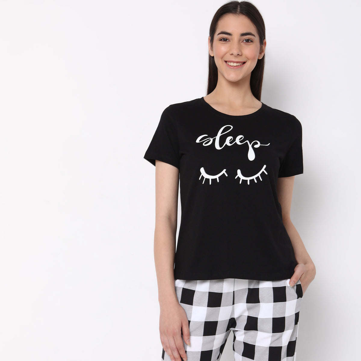 Women Wearing Regular Fit Printed Sleepwear Top