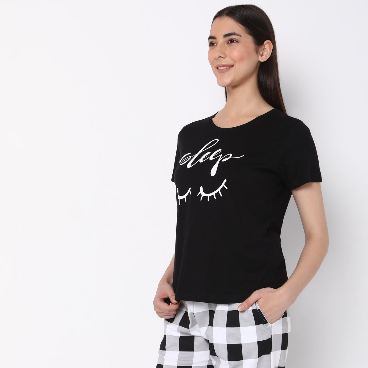 Women Wearing Regular Fit Printed Sleepwear Top