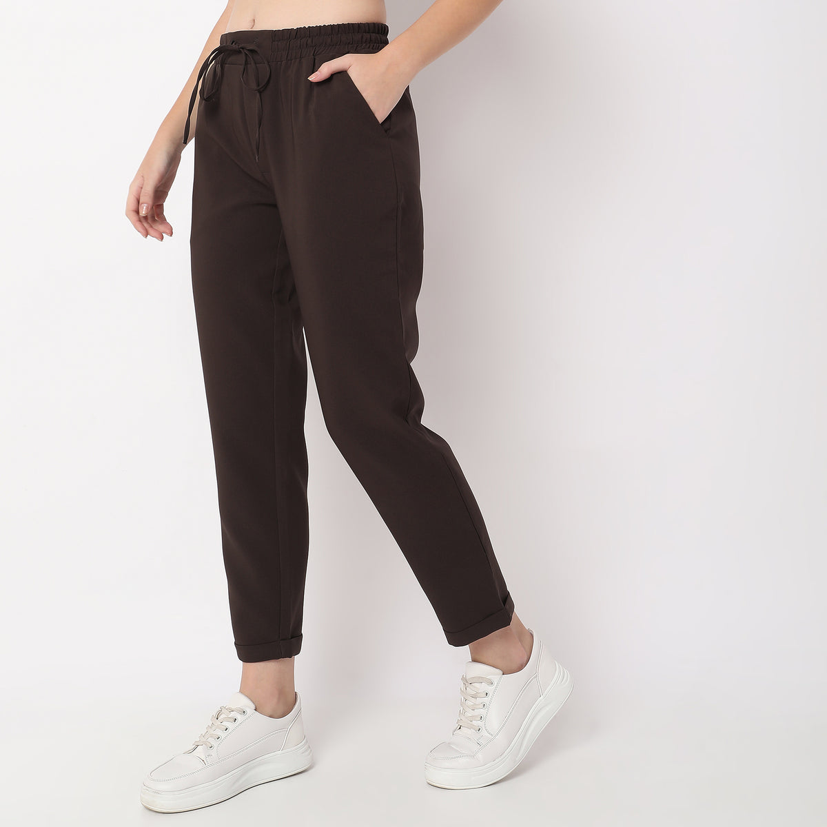 Regular Fit Solid High Rise Trousers