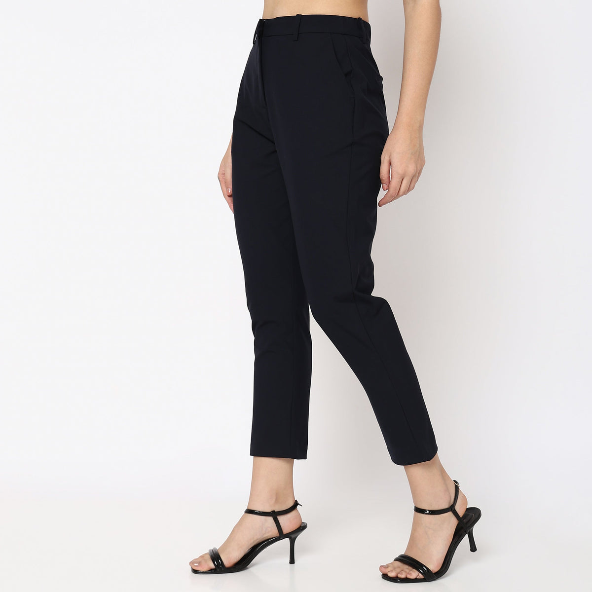 Women Wearing Straight Fit Solid Mid Rise Trouser