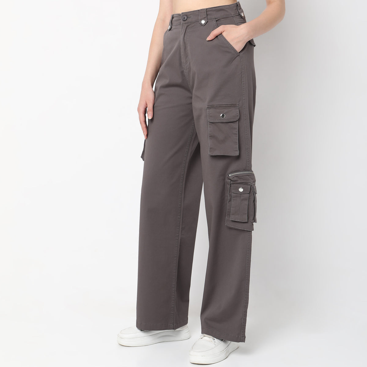 Regular Fit Solid High Rise Trousers