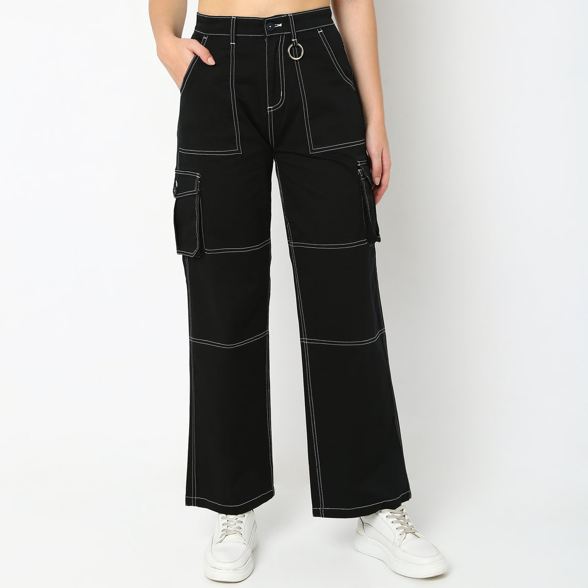 Regular Fit Solid High Rise Trousers