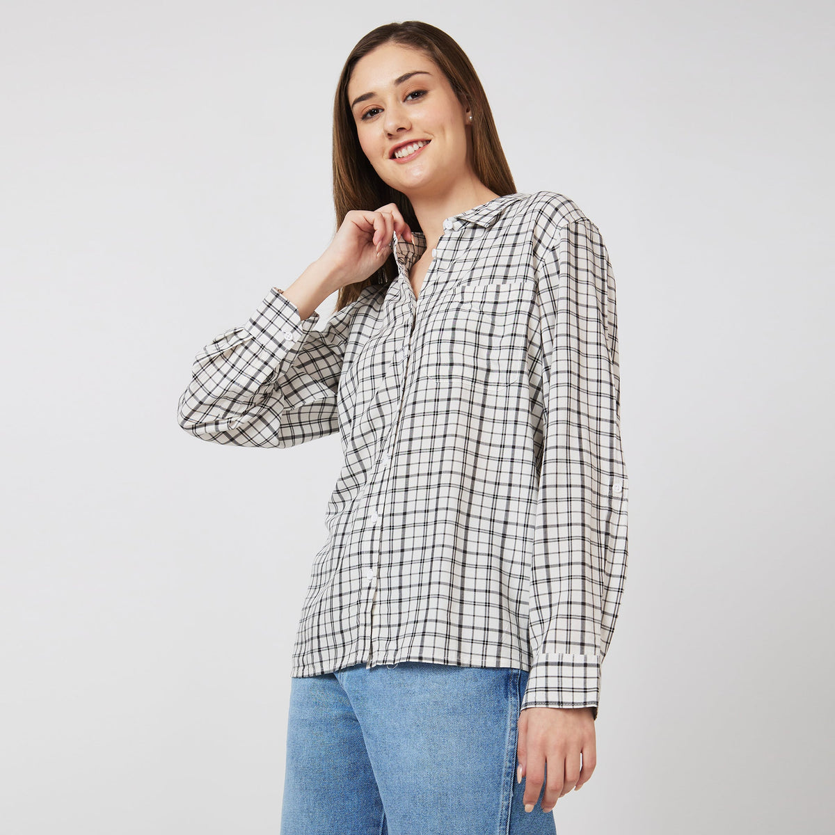 Women Wearing Regular Fit Checkered Shirt