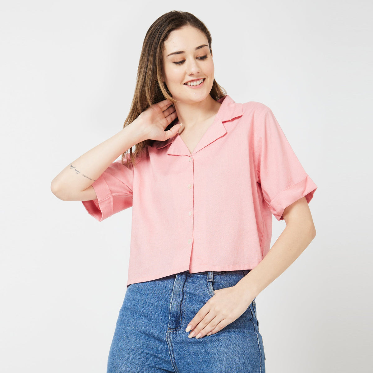 Women Wearing Boxy Fit Solid Shirt