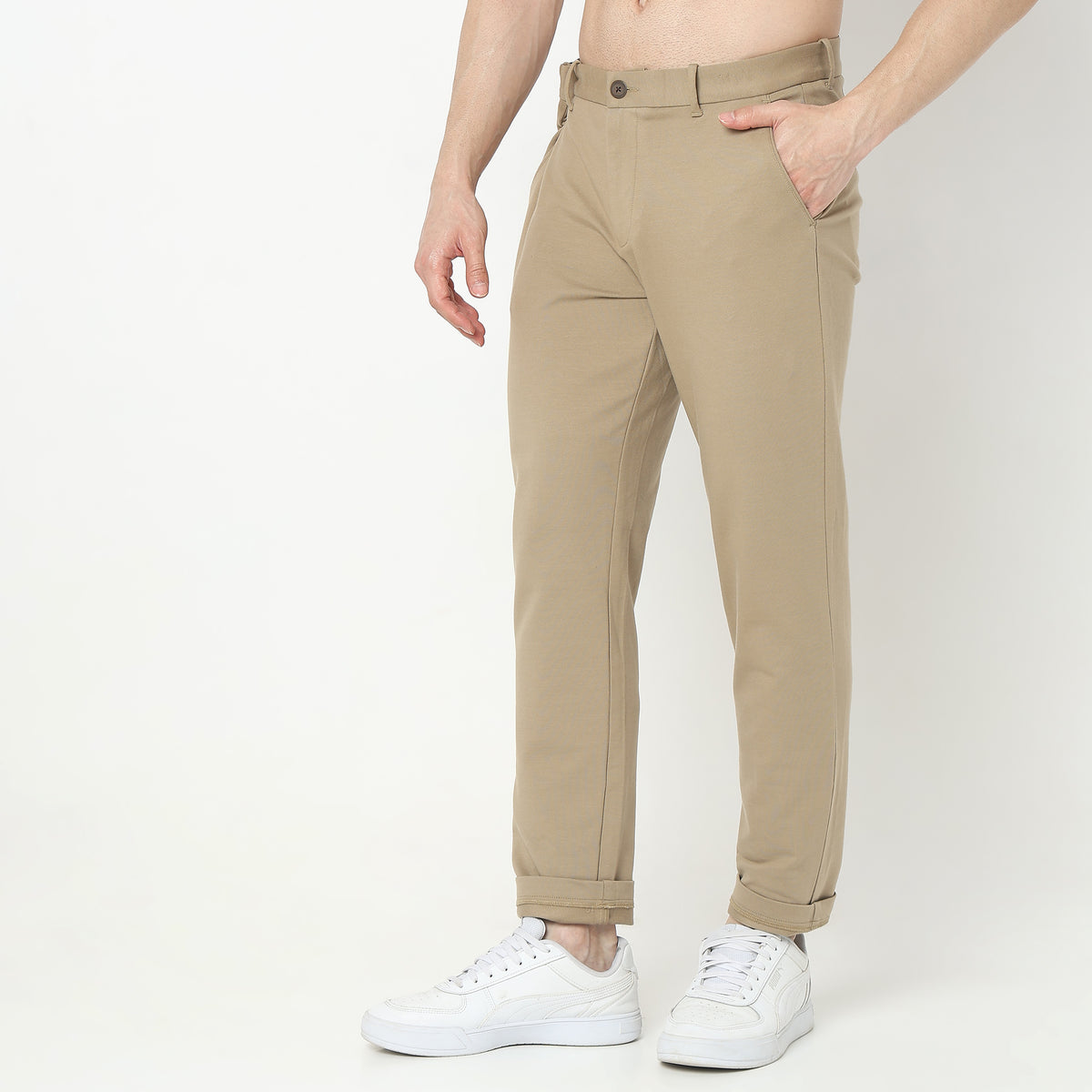 Regular Fit Solid Mid Rise Chinos