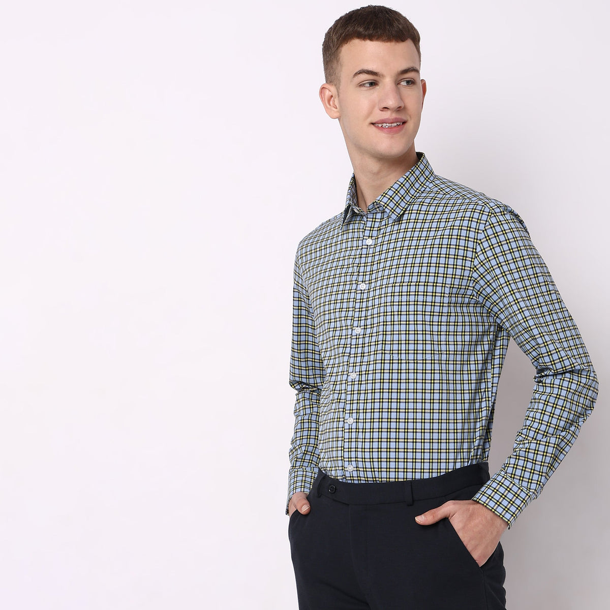 Men Wearing Slim Fit Checkered Shirt