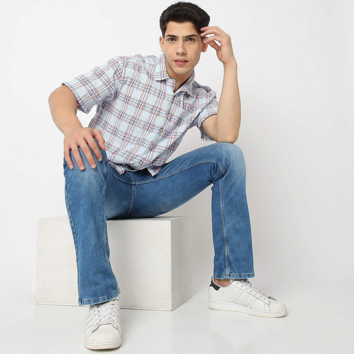 Men Wearing Slim Fit Checkered Shirt