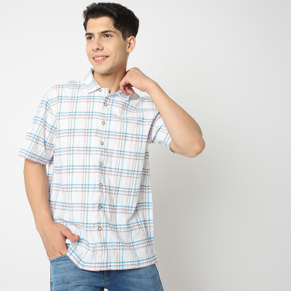 Men Wearing Slim Fit Checkered Shirt