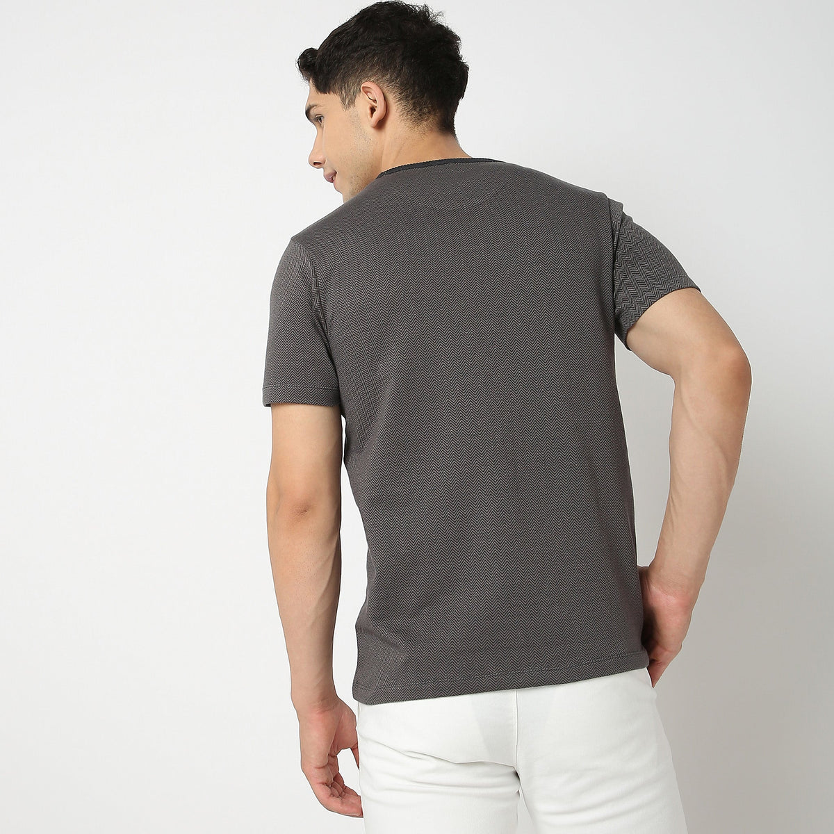 Men Wearing Regular Fit Herringbone T-Shirt