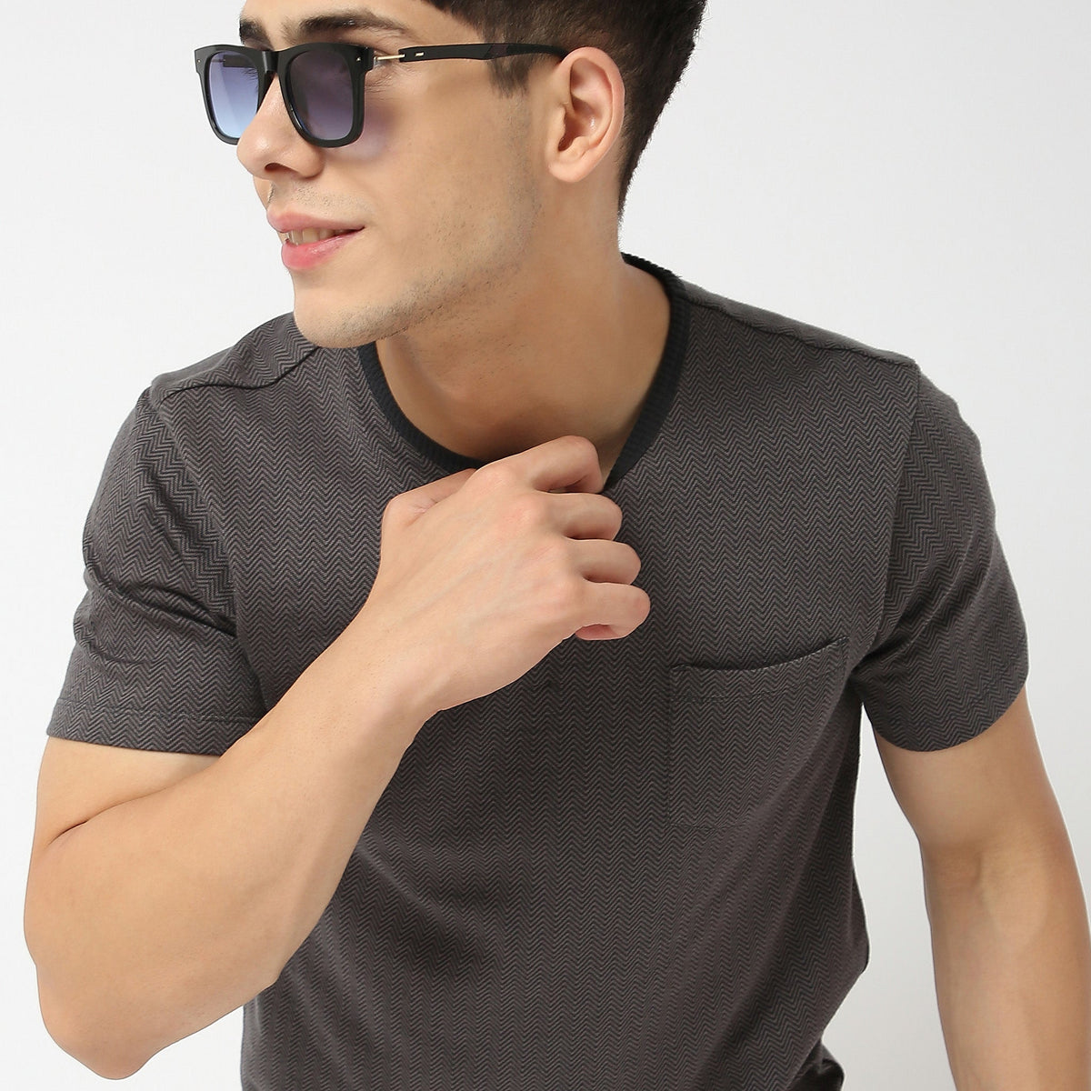 Men Wearing Regular Fit Herringbone T-Shirt