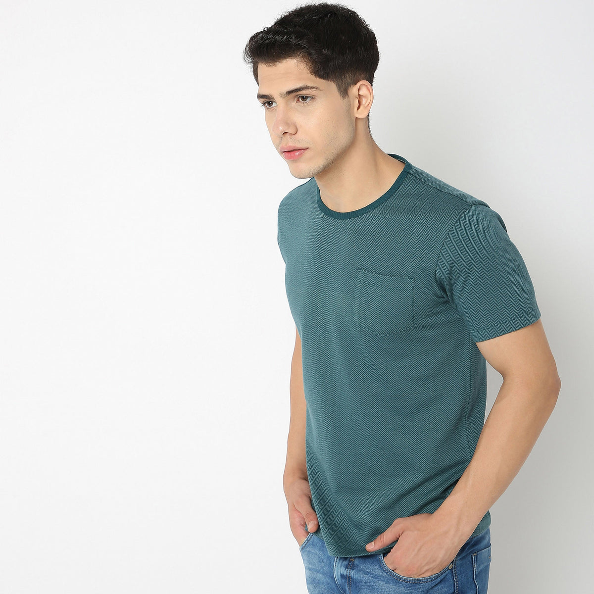 Men Wearing Regular Fit Herringbone T-Shirt