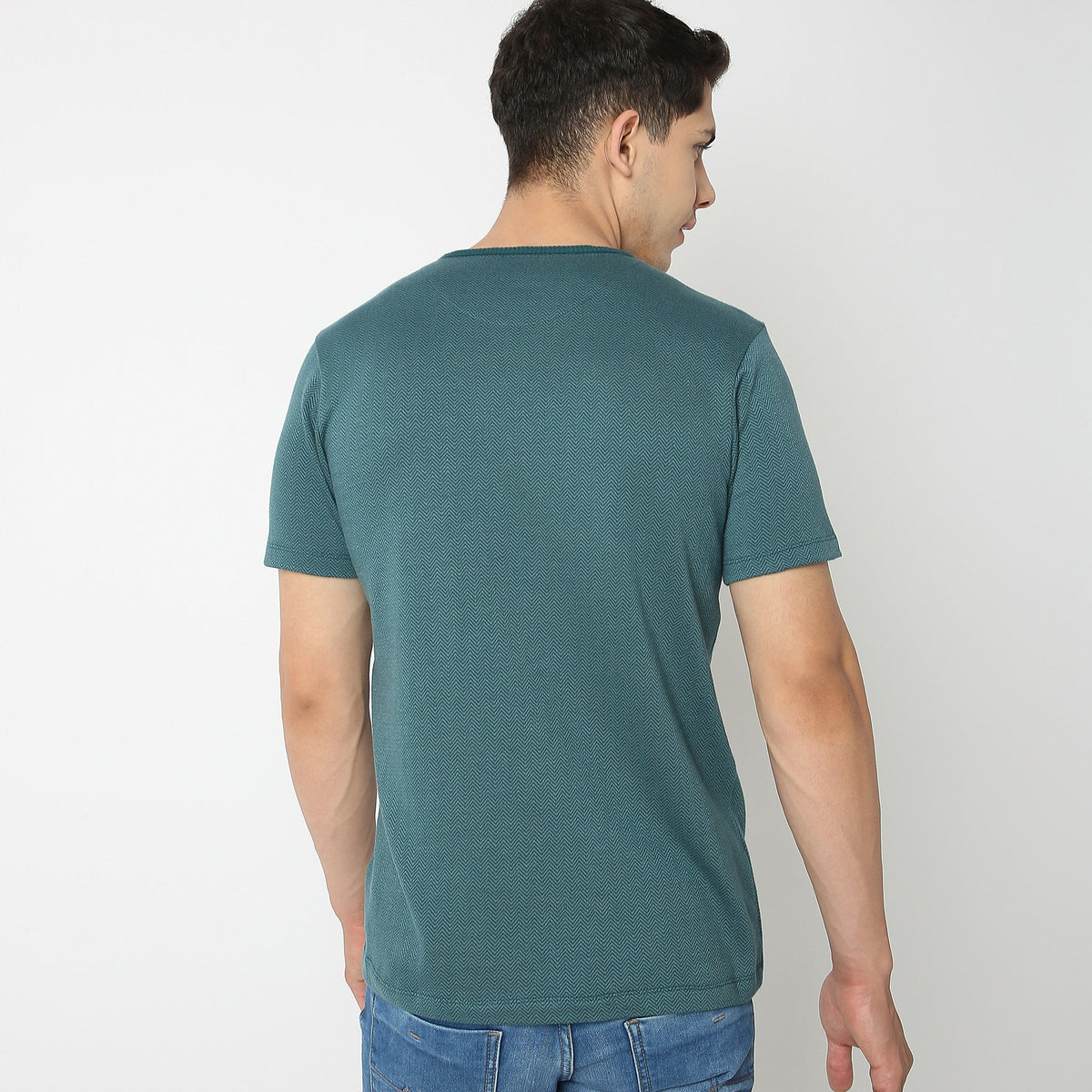 Men Wearing Regular Fit Herringbone T-Shirt