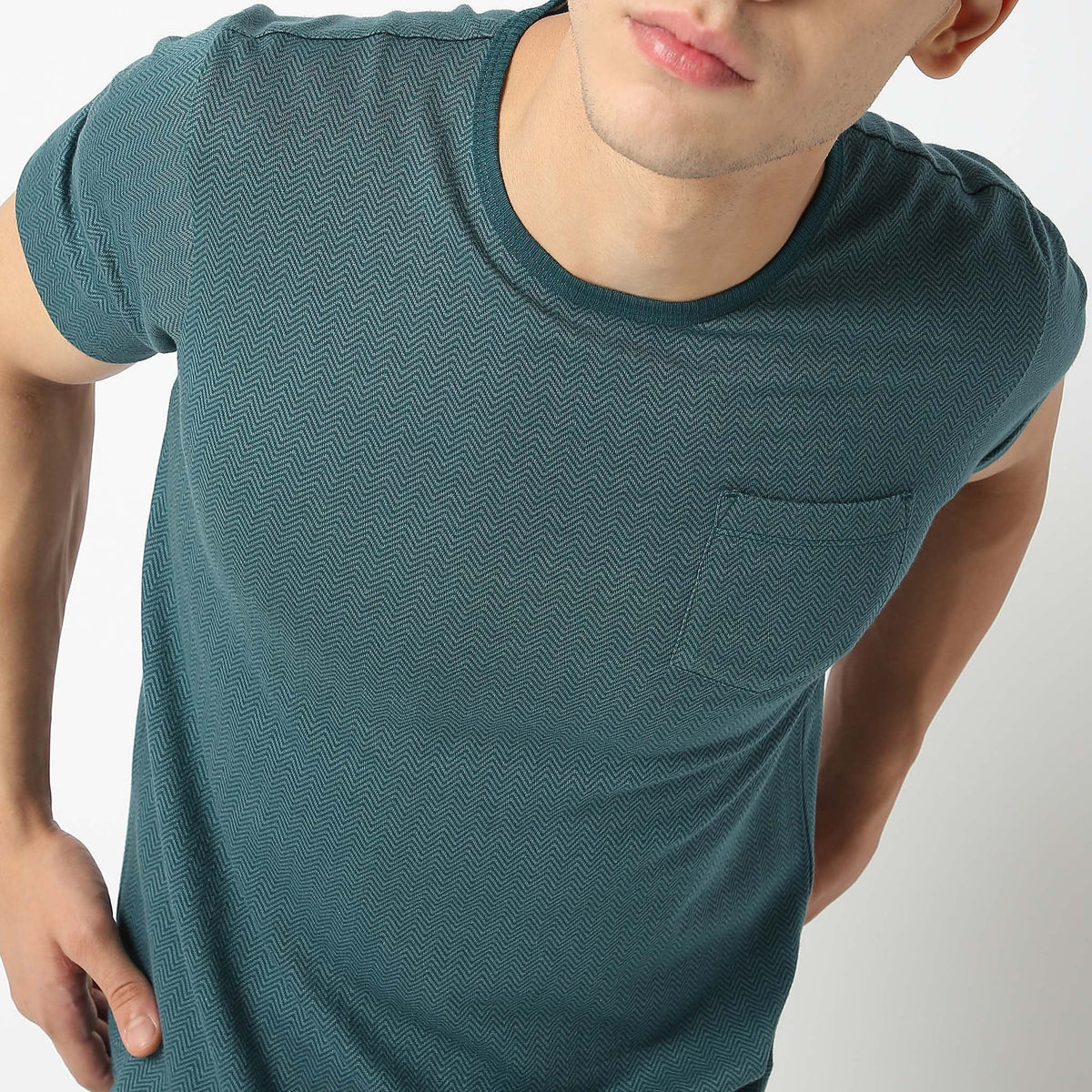 Men Wearing Regular Fit Herringbone T-Shirt