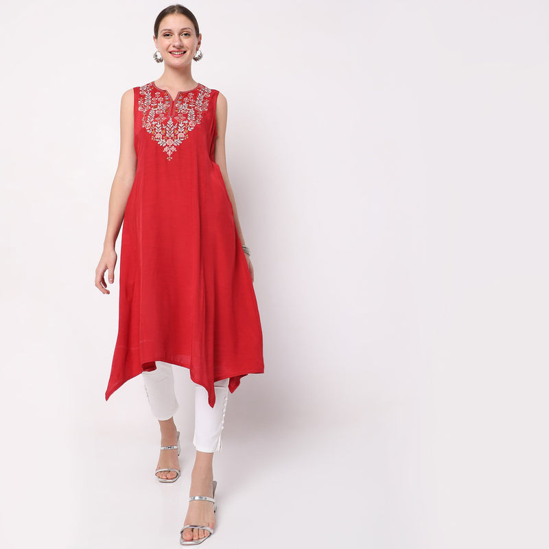 Women Wearing Flare Fit Embroidered Kurta