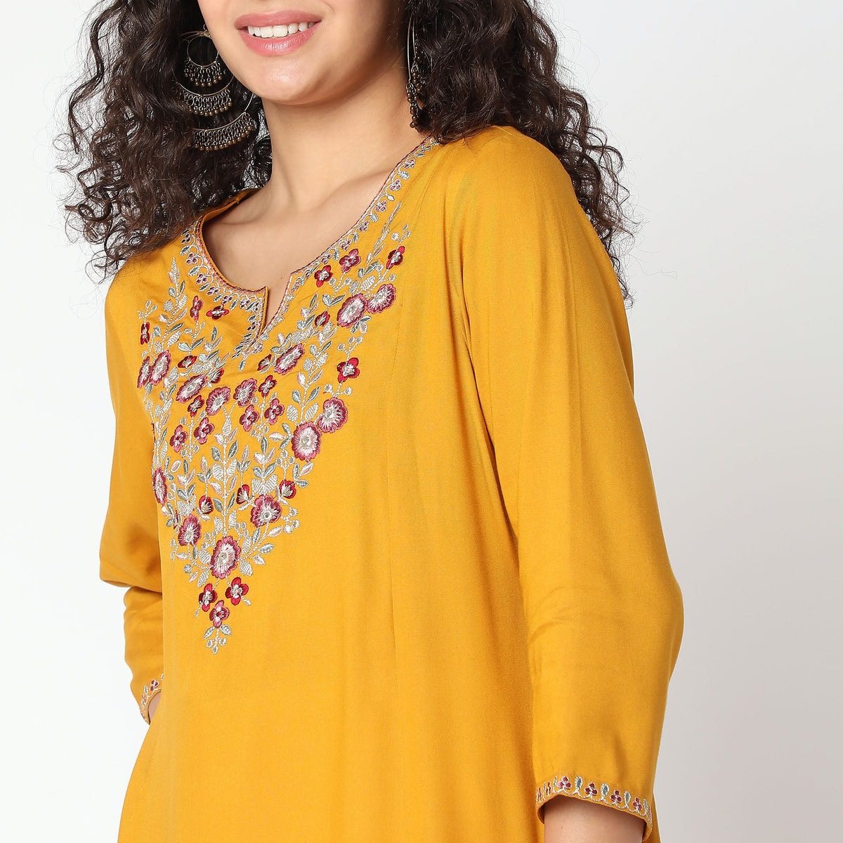 Women Wearing Flare Fit Embroidered Kurta