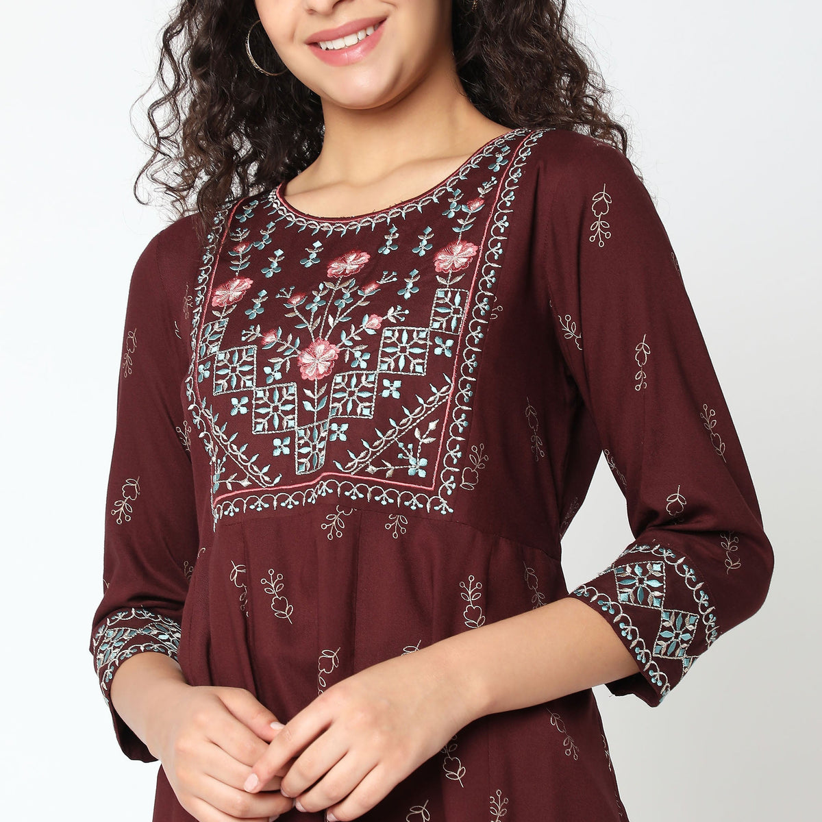 Women Wearing Flare Fit Embroidered Kurta