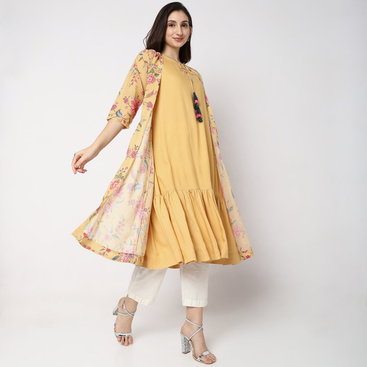 Women Wearing Flare Fit Floral Kurta