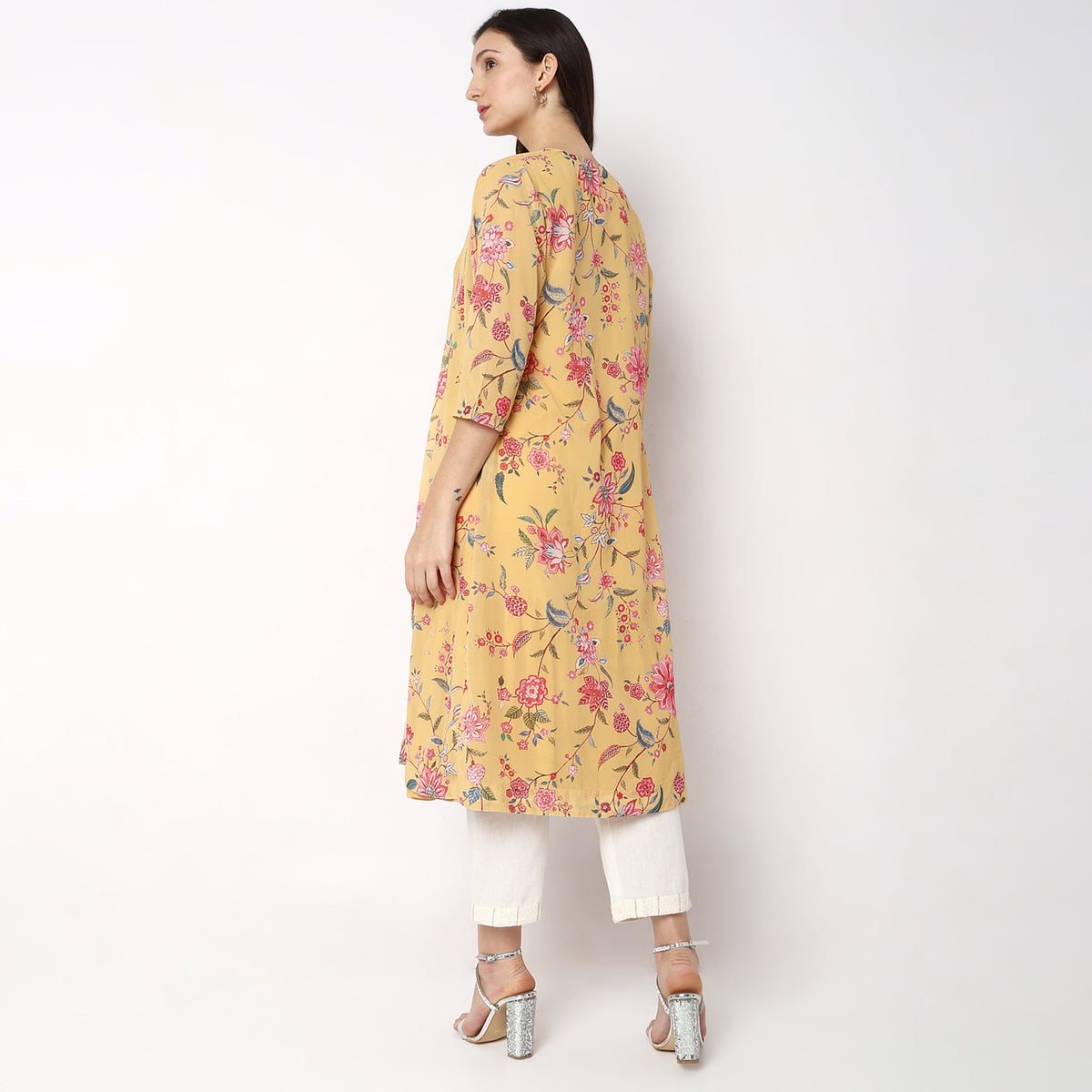 Women Wearing Flare Fit Floral Kurta