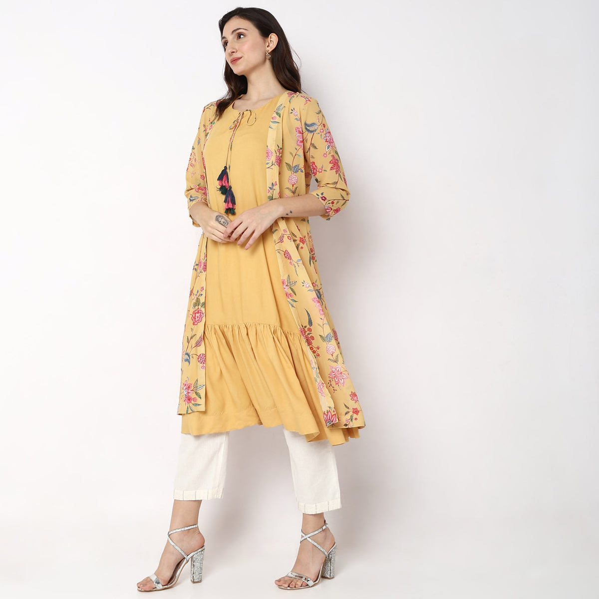 Women Wearing Flare Fit Floral Kurta