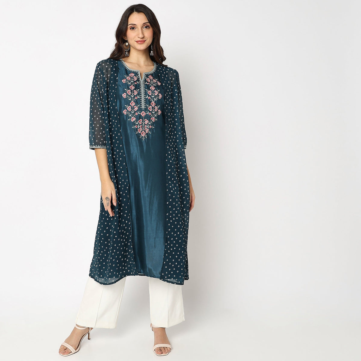 Women Wearing Flare Fit Embroidered Kurta