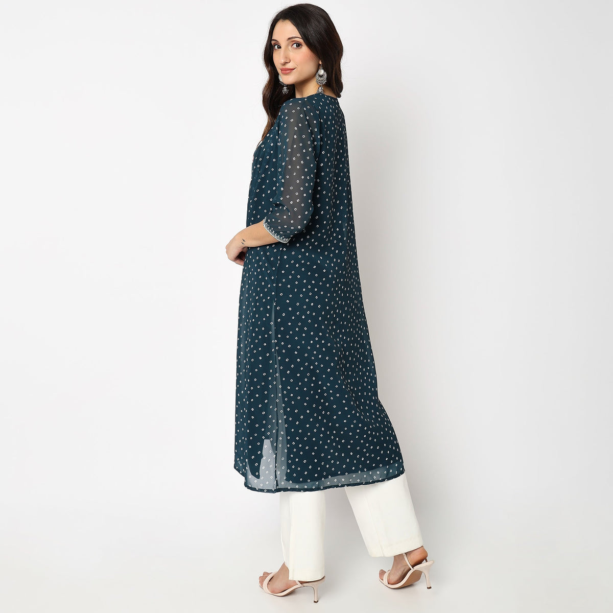 Women Wearing Flare Fit Embroidered Kurta