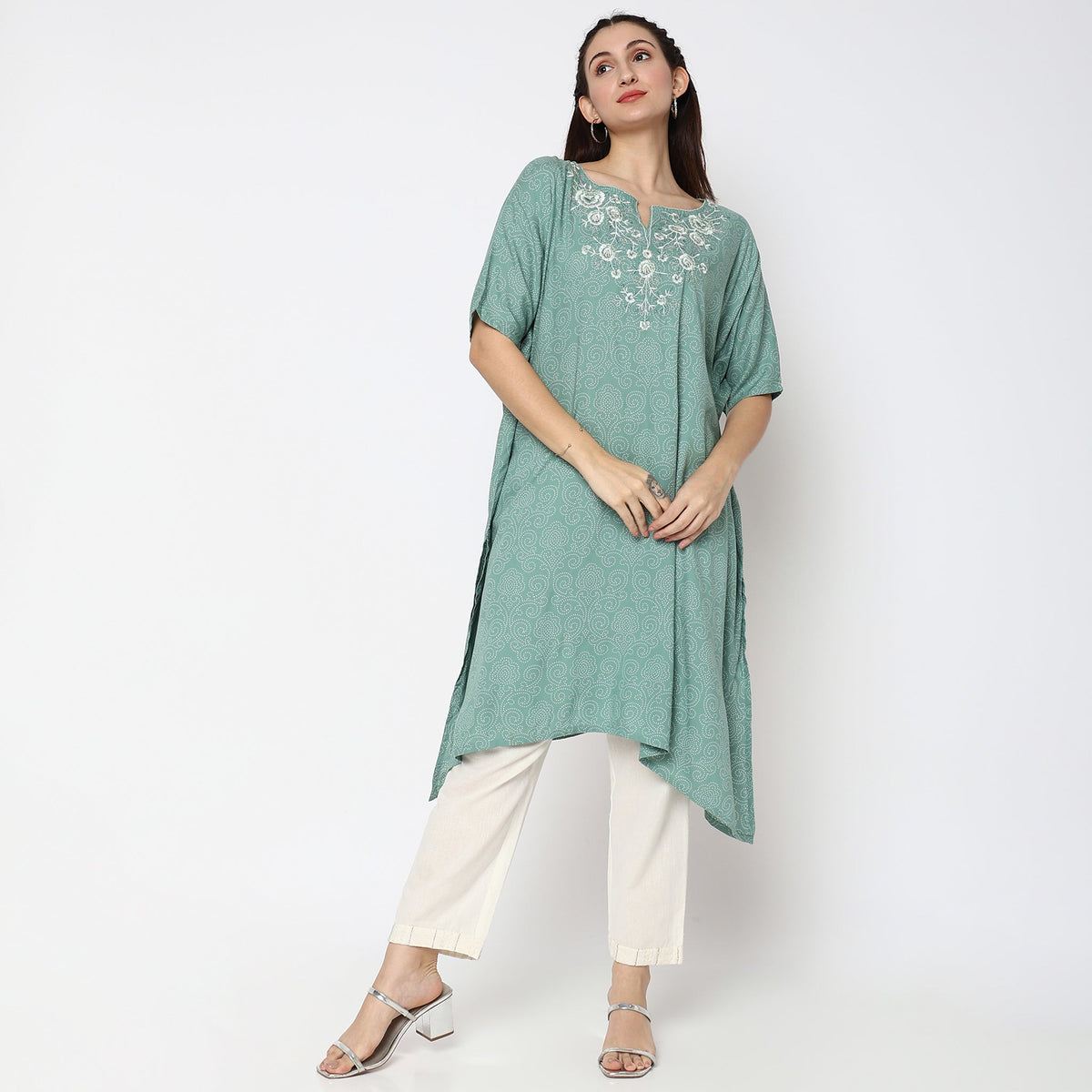 Women Wearing Flare Fit Embroidered Kurta