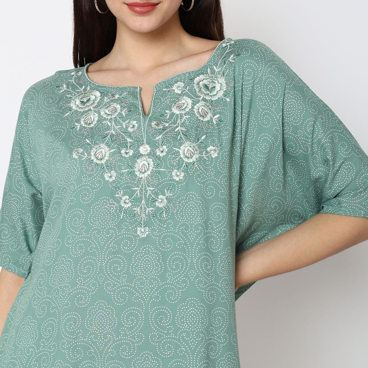 Women Wearing Flare Fit Embroidered Kurta