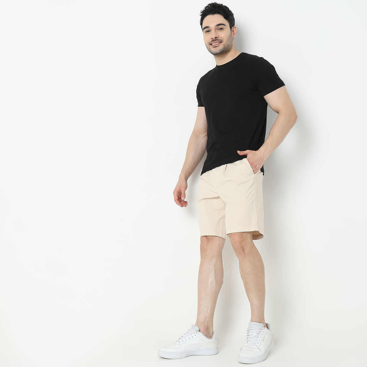 Regular Fit Solid Mid Rise Shorts