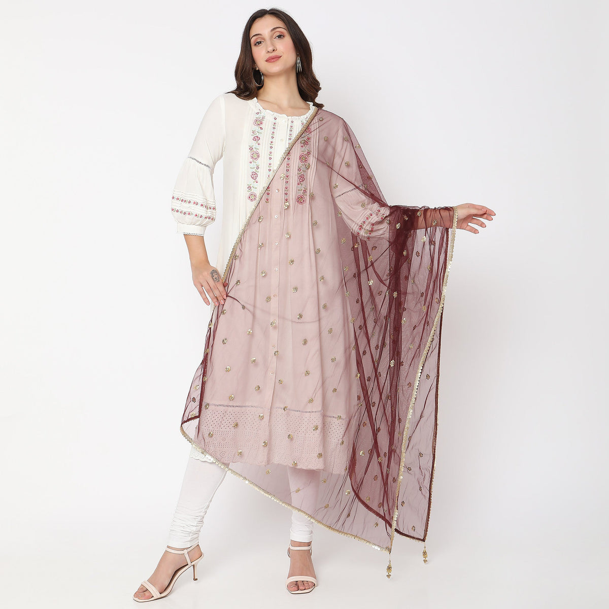 Women Wearing Net Embellished Dupatta