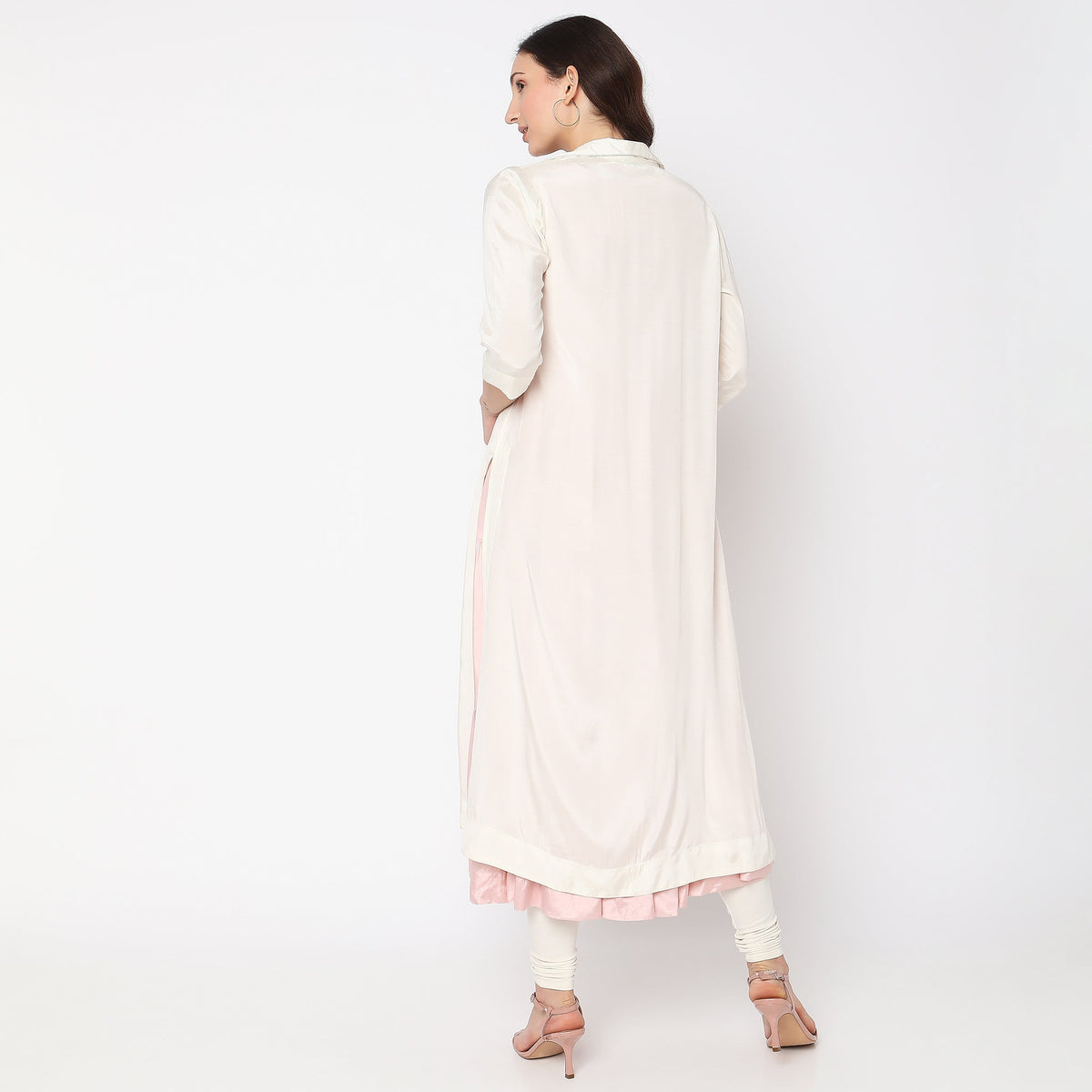 Women Wearing Flare Fit Embroidered Kurta